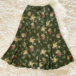 Susan Bristol Olive Green Floral A-Line Skirt